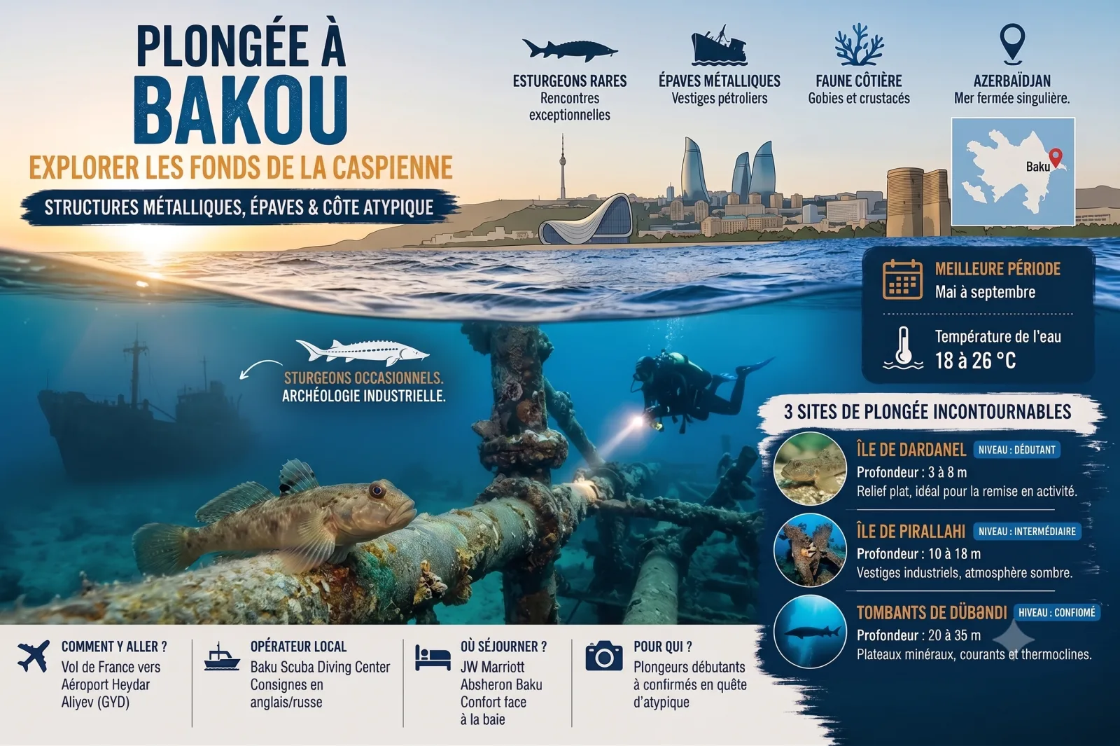 Infographie de blog sur la plongée à Bakou (Azerbaïdjan) montrant la skyline de la ville à la surface et une vue sous-marine d'épaves, d'une structure industrielle et d'un gobie, avec des informations techniques sur les sites, la météo et la logistique.