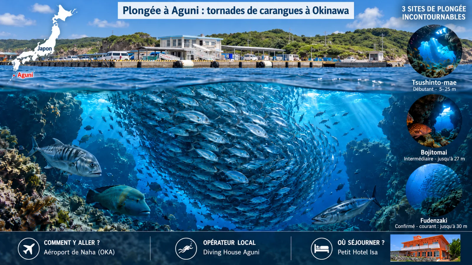 Plongée à Aguni, Okinawa au Japon : tornade de carangues à Fudenzaki, sites de plongée Tsushinto-mae et Bojitomai, club Diving House Aguni.