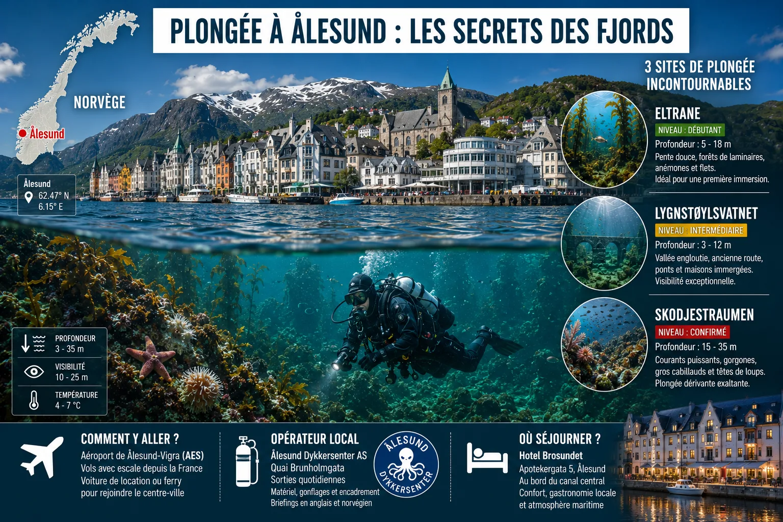Infographie photoréaliste de la plongée à Ålesund en Norvège avec localisation exacte d'Ålesund sur la carte, fjords, fonds marins, laminaires et sites d'Eltrane, Lygnstøylsvatnet et Skodjestraumen