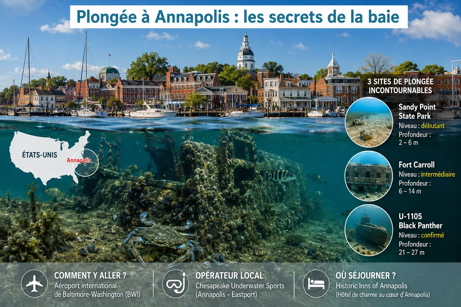 Infographie photoréaliste en split-screen sur la plongée à Annapolis dans la baie de Chesapeake, avec la skyline de la ville, l'épave du U-1105 Black Panther, Fort Carroll, Sandy Point State Park, une carte des États-Unis localisant Annapolis et les infor