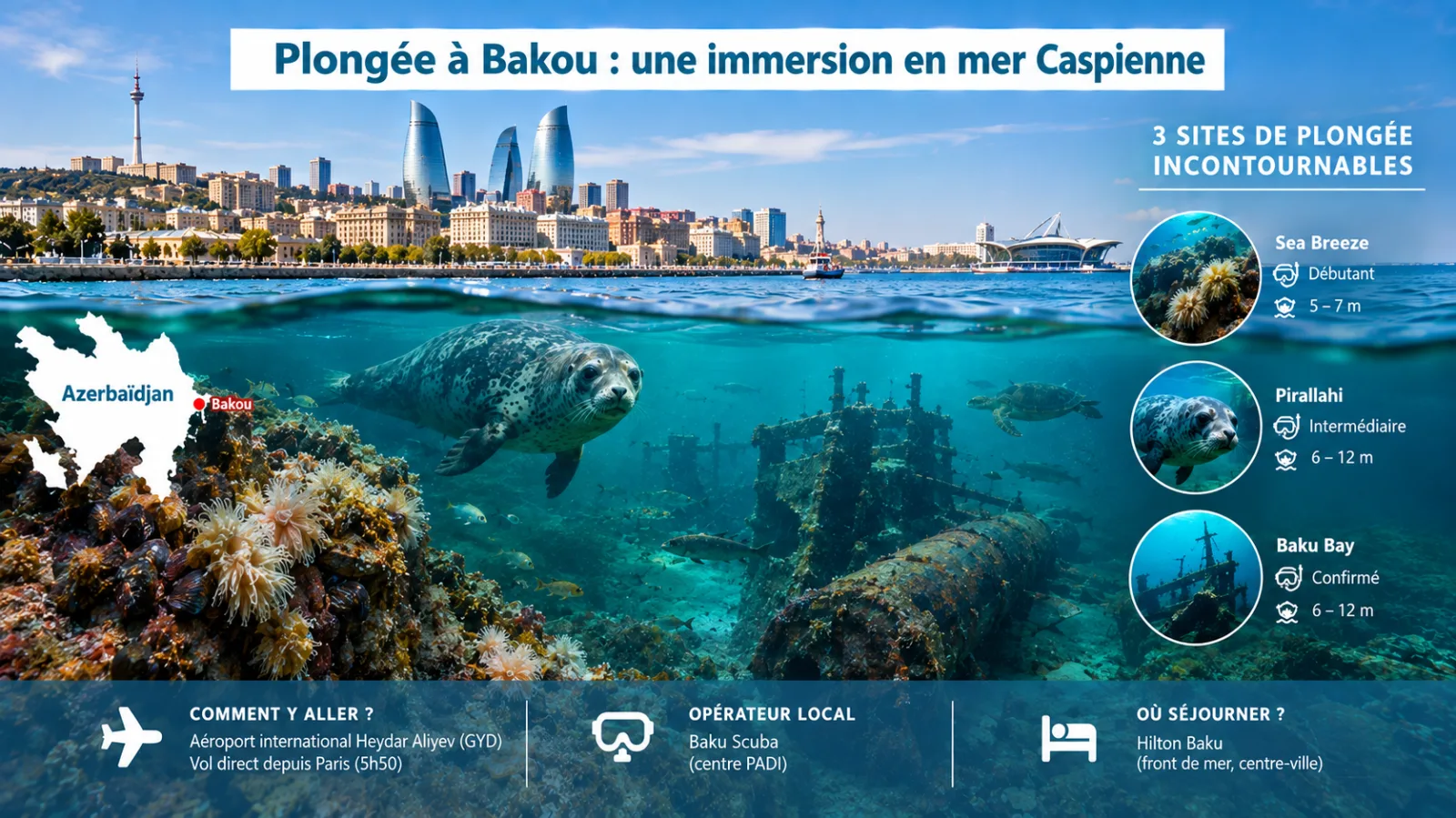 Infographie de la plongée à Bakou en mer Caspienne avec phoque de Caspienne, épave, structures immergées et trois sites de plongée