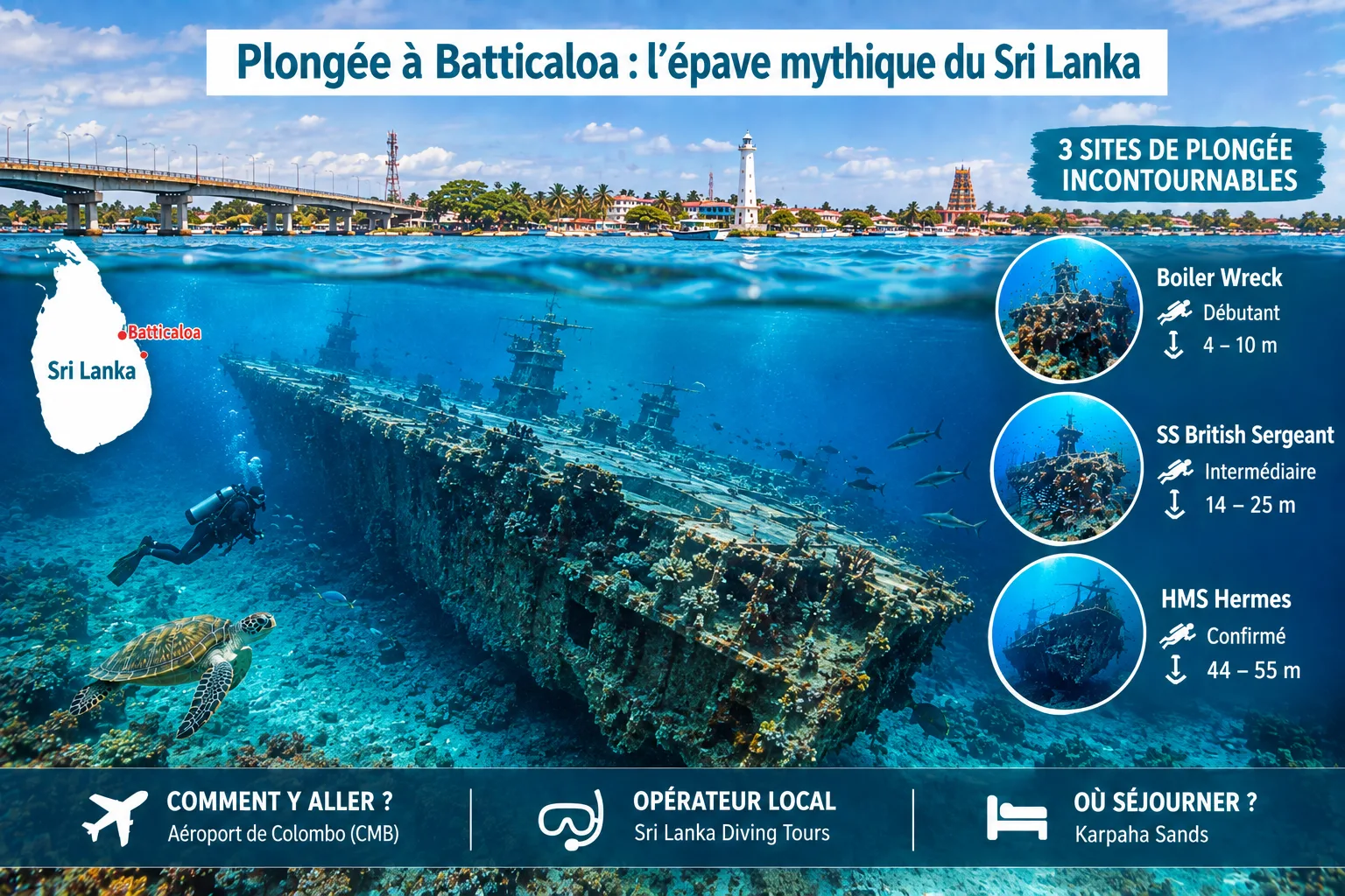 Infographie de plongée à Batticaloa au Sri Lanka avec l'épave du HMS Hermes, skyline de Batticaloa, carte du Sri Lanka et trois sites de plongée incontournables : Boiler Wreck, SS British Sergeant et HMS Hermes