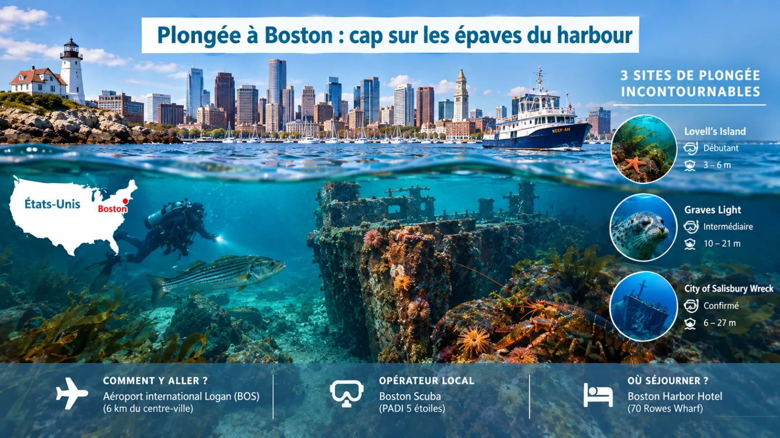 Infographie de la plongée à Boston avec épaves du Boston Harbor, phoques, homard, kelp et trois sites de plongée incontournables