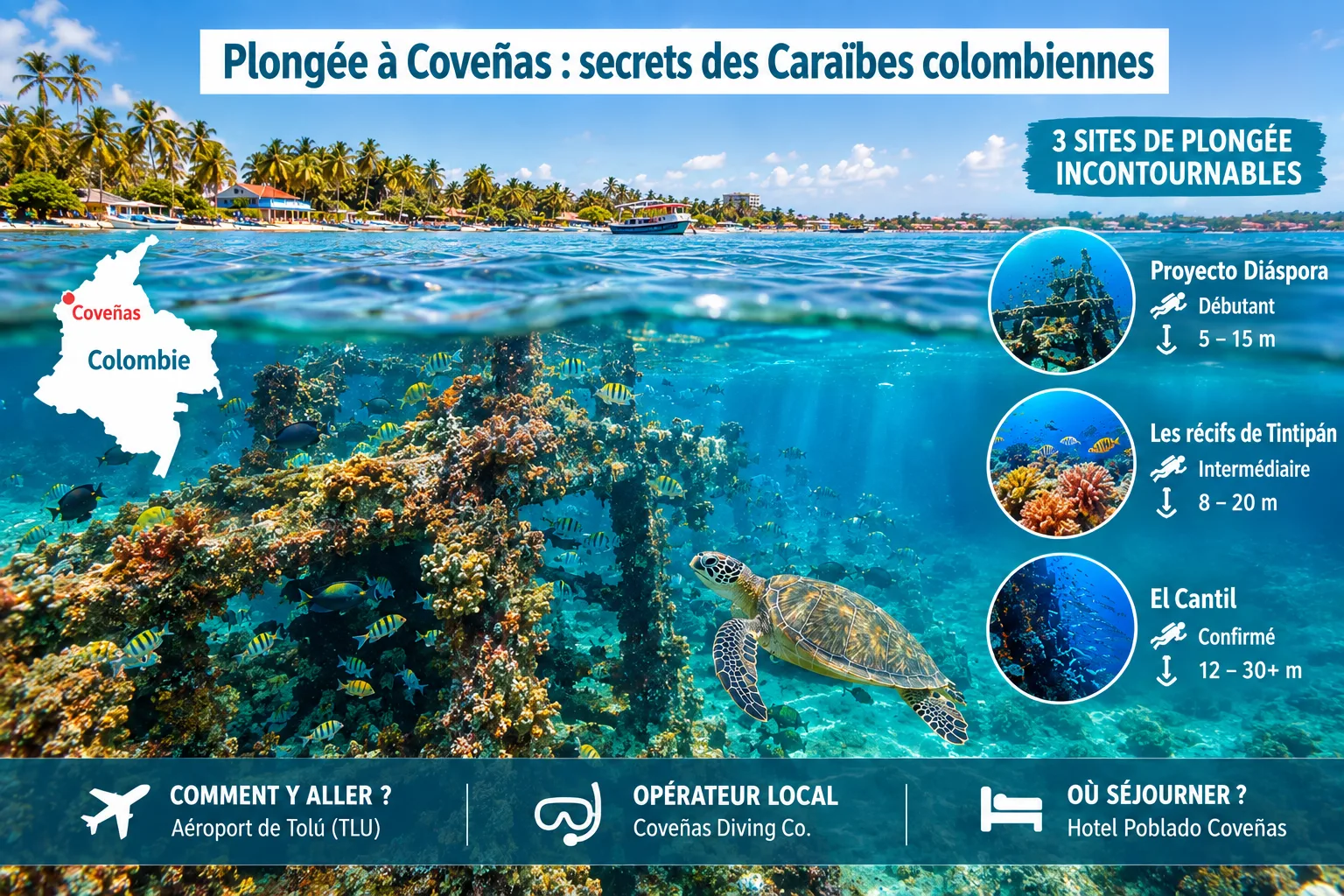 Infographie de plongée à Coveñas en Colombie dans la Caraïbe colombienne, avec récif artificiel, tortue marine, carte de la Colombie et trois sites de plongée incontournables