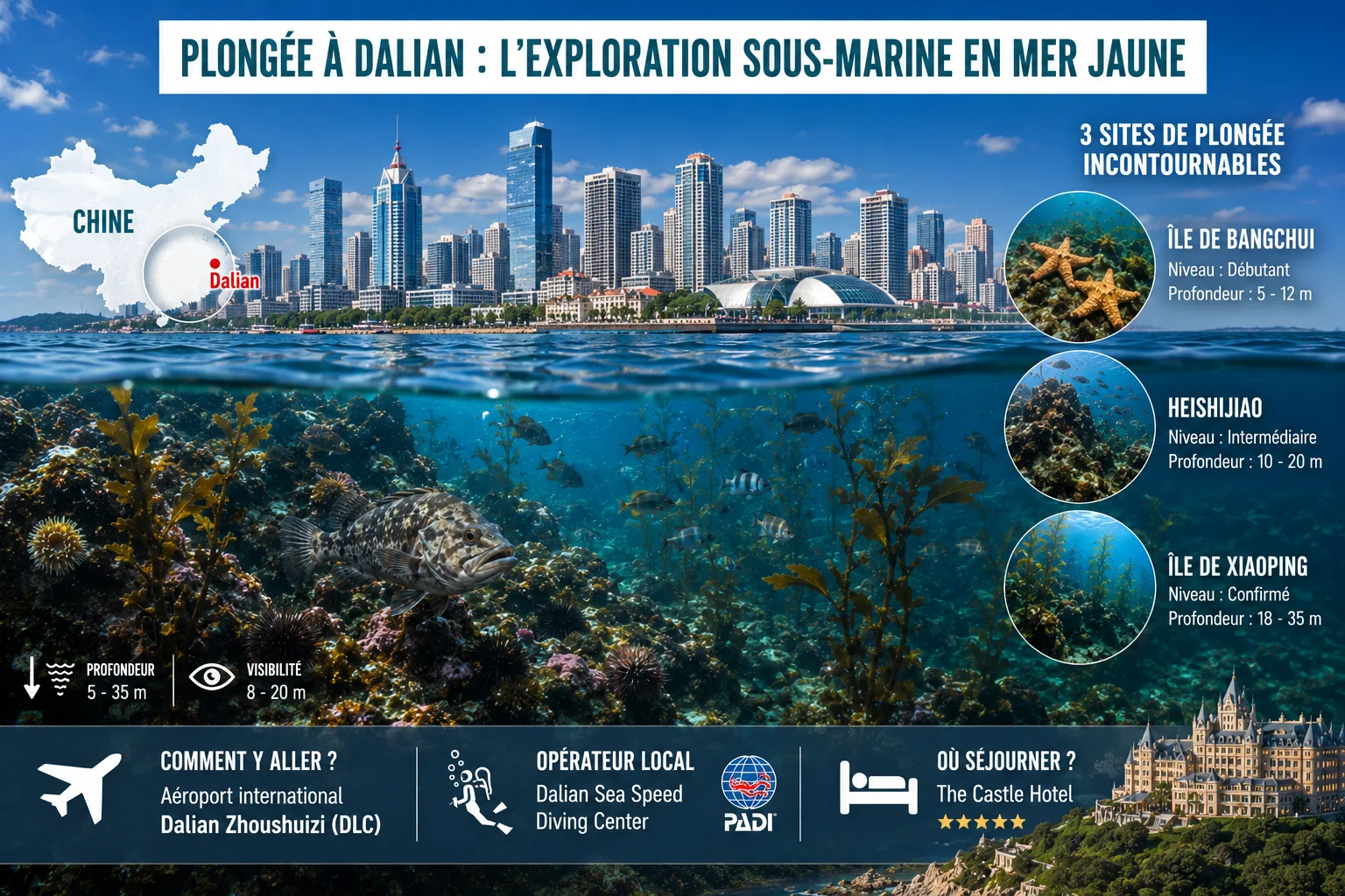 Infographie photoréaliste de la plongée à Dalian en Chine, avec la skyline, les fonds rocheux de la mer Jaune et les sites de Bangchui, Heishijiao et Xiaoping.