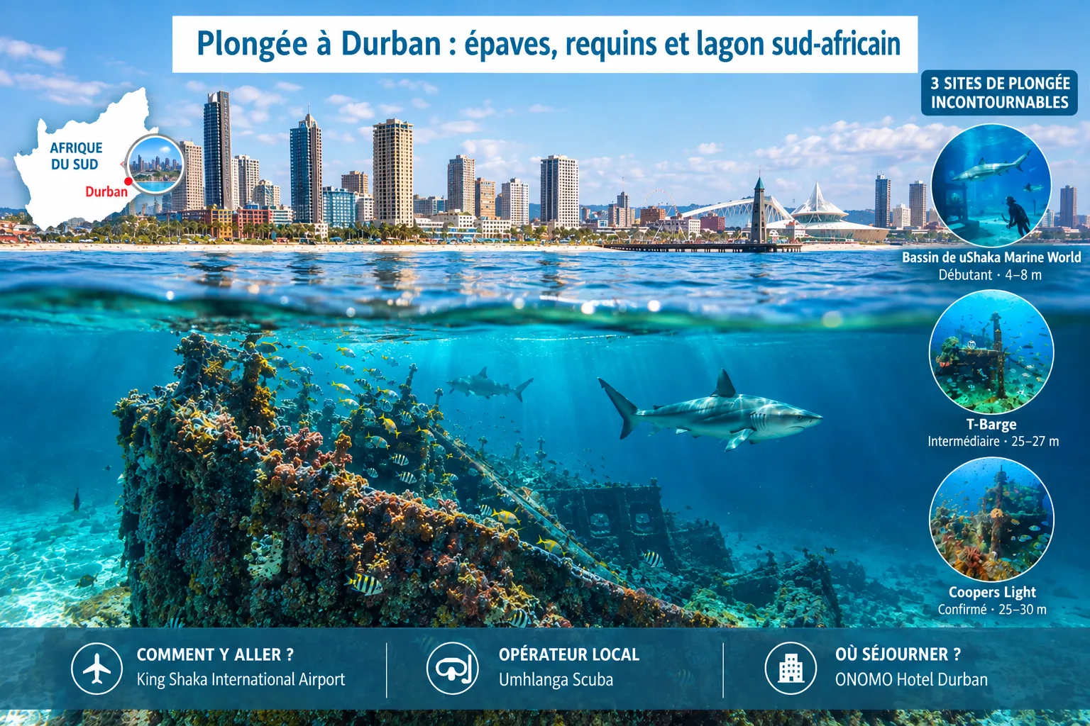 Infographie de plongée à Durban en Afrique du Sud avec épaves, requins, skyline et trois sites de plongée incontournables