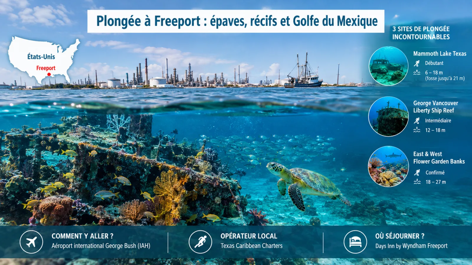 Plongée à Freeport au Texas avec épaves, récifs coralliens du Golfe du Mexique et sites de plongée incontournables