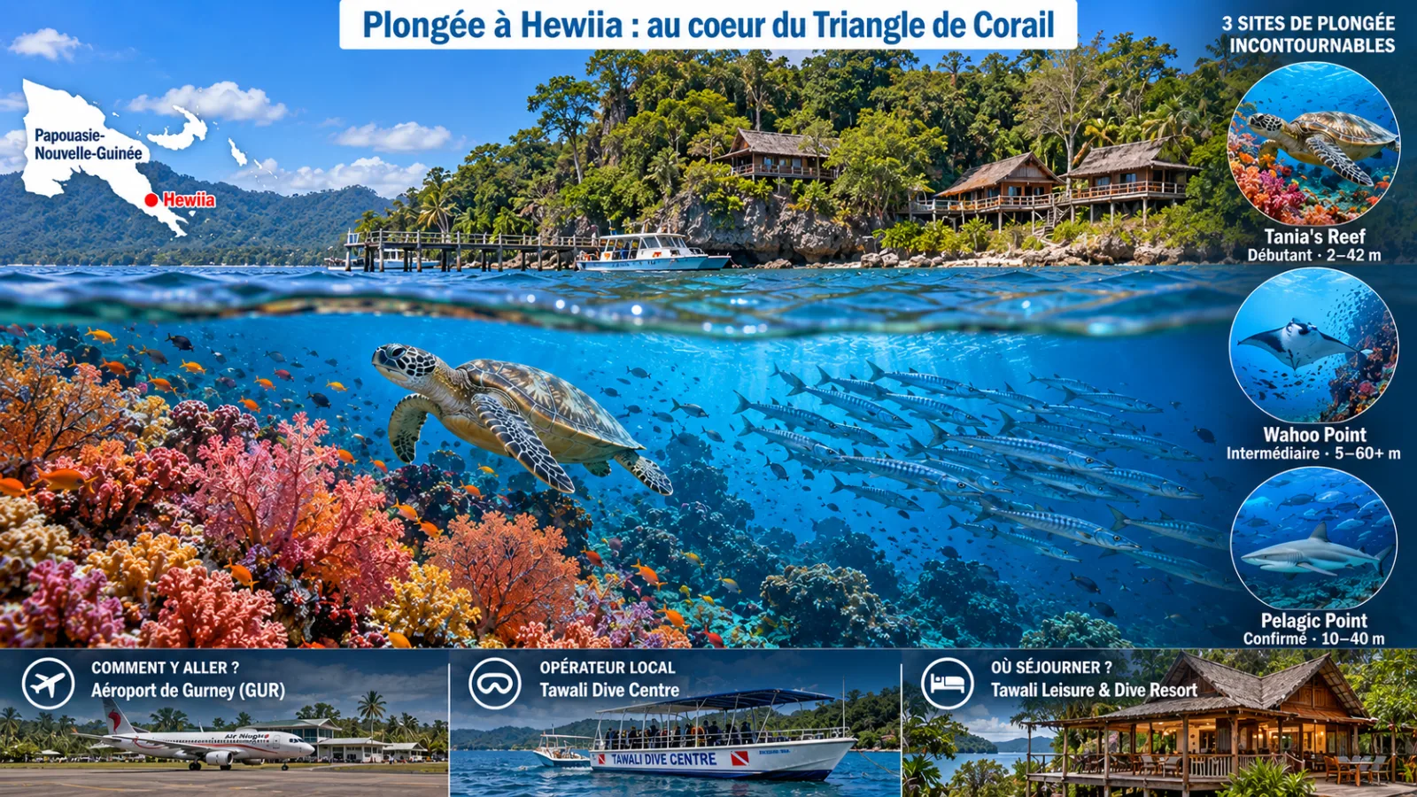 Plongée à Hewiia en Papouasie-Nouvelle-Guinée : récifs coralliens du Triangle de Corail, tortues, raies mantas, requins et Tawali Dive Resort à Milne Bay.