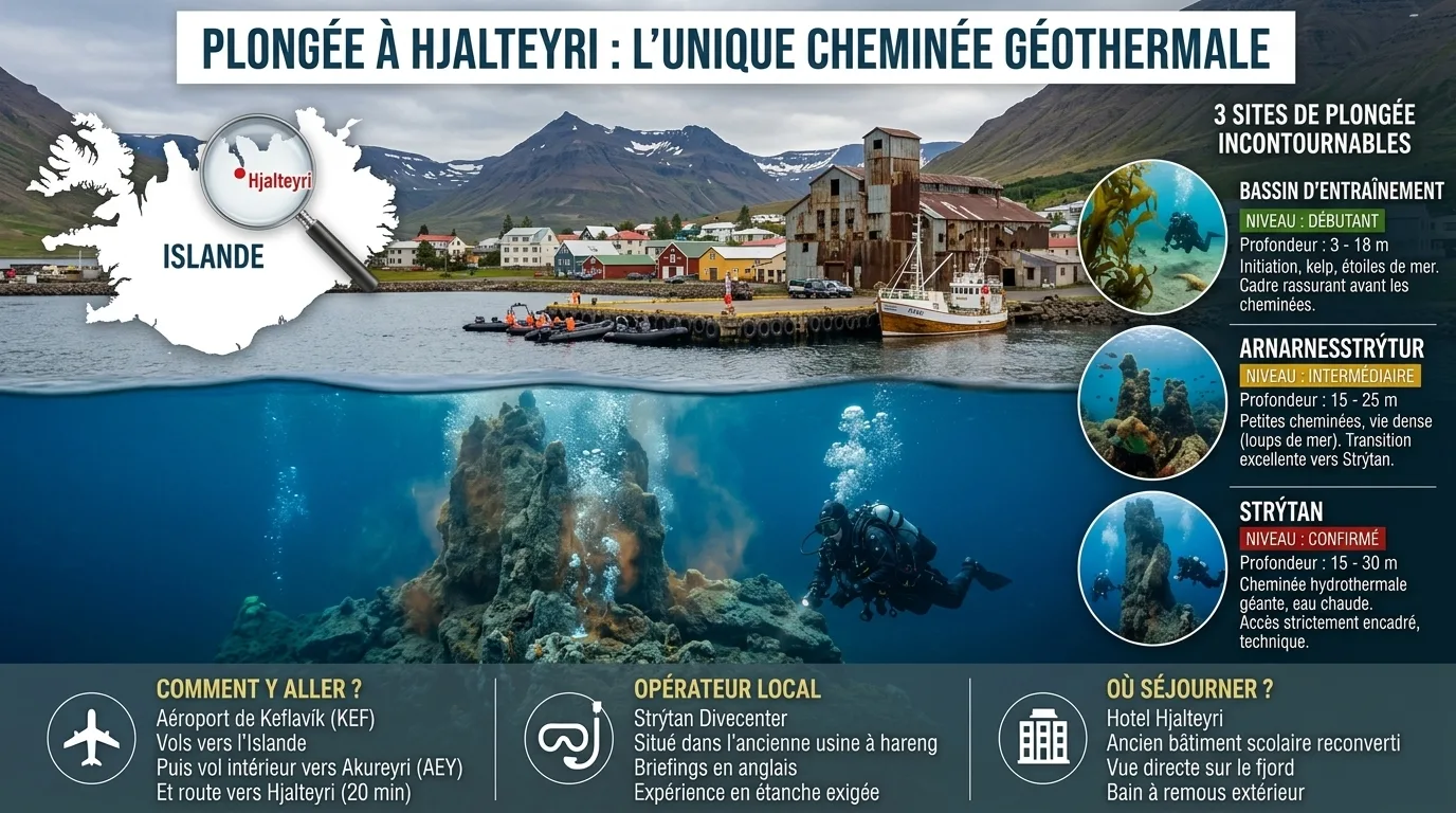 Infographie mi-air mi-eau pour article de blog sur la plongée à Hjalteyri en Islande, montrant le village et le port en surface et la cheminée géothermale Strýtan sous l'eau avec des plongeurs en combinaison étanche. La carte de l'Islande localise Hjaltey
