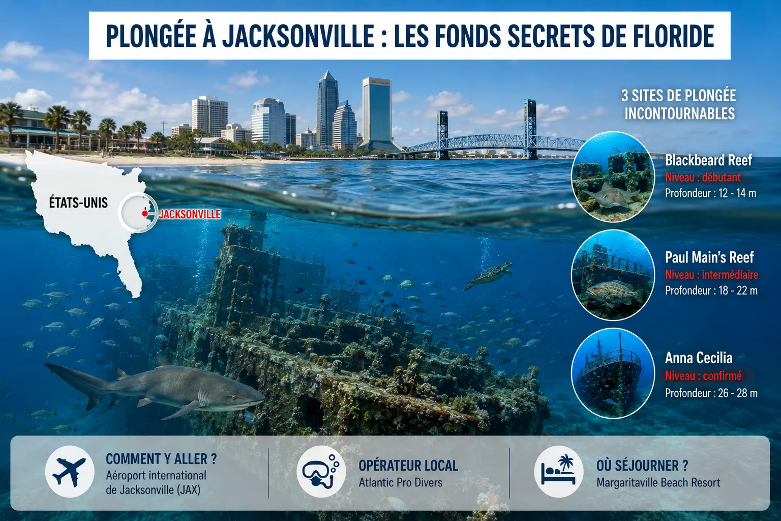 Infographie photoréaliste de la plongée à Jacksonville en Floride avec épave sous-marine, faune marine, carte des États-Unis et trois sites de plongée incontournables
