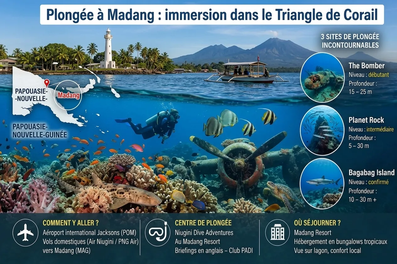 Infographie plongée à Madang : carte de localisation, trois sites de plongée avec niveaux et profondeurs, accès par l'aéroport, club et hébergement