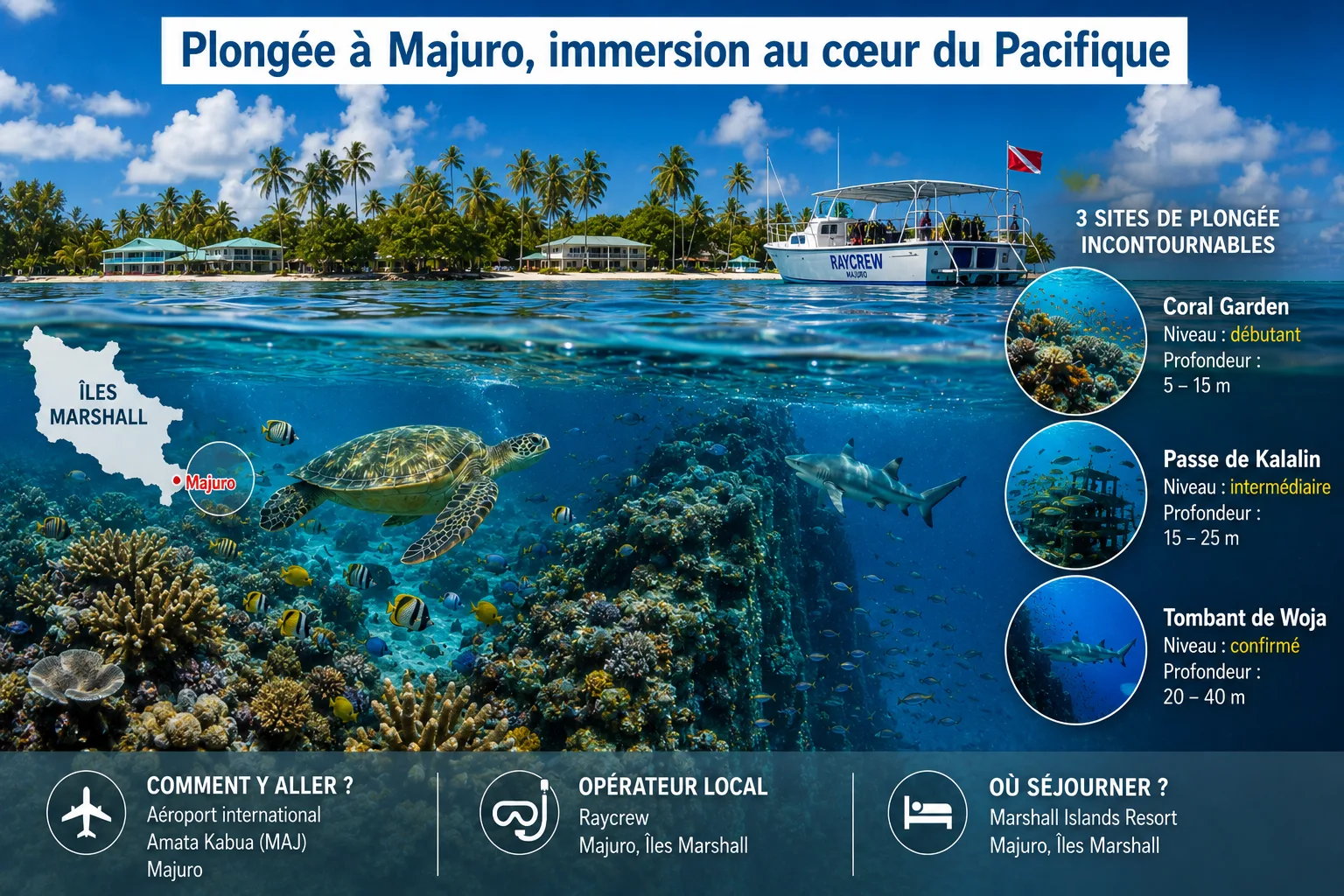 Infographie photoréaliste sur la plongée à Majuro aux îles Marshall, avec récifs coralliens, tortue, raie et requin, carte des îles Marshall localisant Majuro et présentation des sites Coral Garden, passe de Kalalin et tombant de Woja