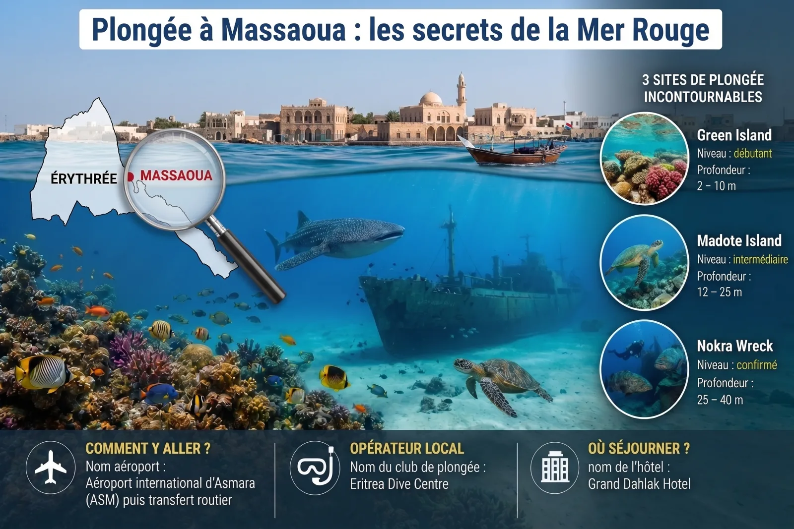Infographie guide de plongée sous-marine à Massaoua en Érythrée présentant les récifs des îles Dahlak et l'épave soviétique de Nokra.