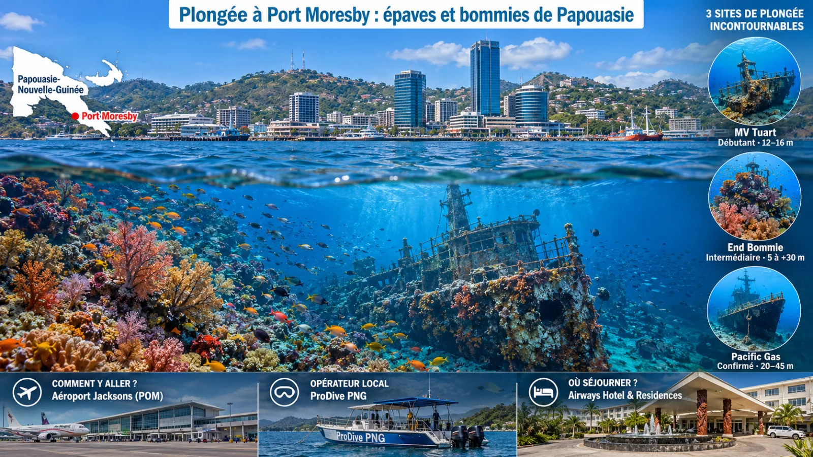 Plongée à Port Moresby en Papouasie-Nouvelle-Guinée : épaves MV Tuart et Pacific Gas, récif End Bommie, ProDive PNG et Airways Hotel.