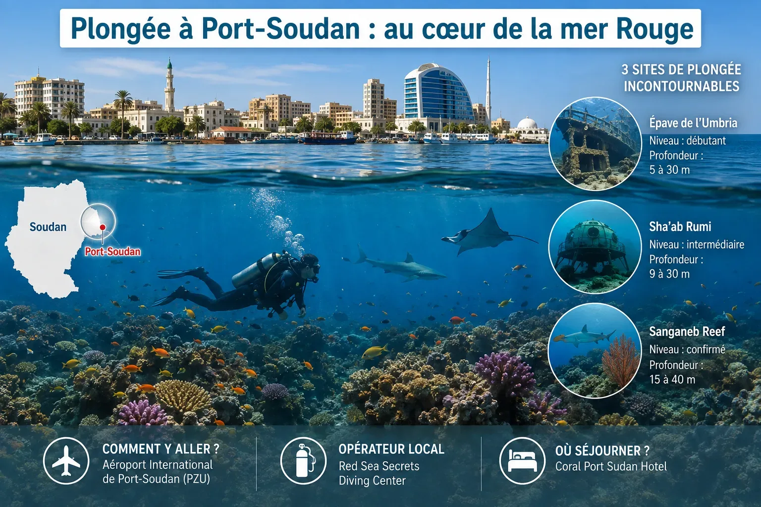 Infographie photoréaliste de la plongée à Port-Soudan en mer Rouge avec vue mi-air mi-eau, récifs coralliens, épave de l'Umbria, Sha'ab Rumi, Sanganeb Reef, carte du Soudan et informations pratiques.