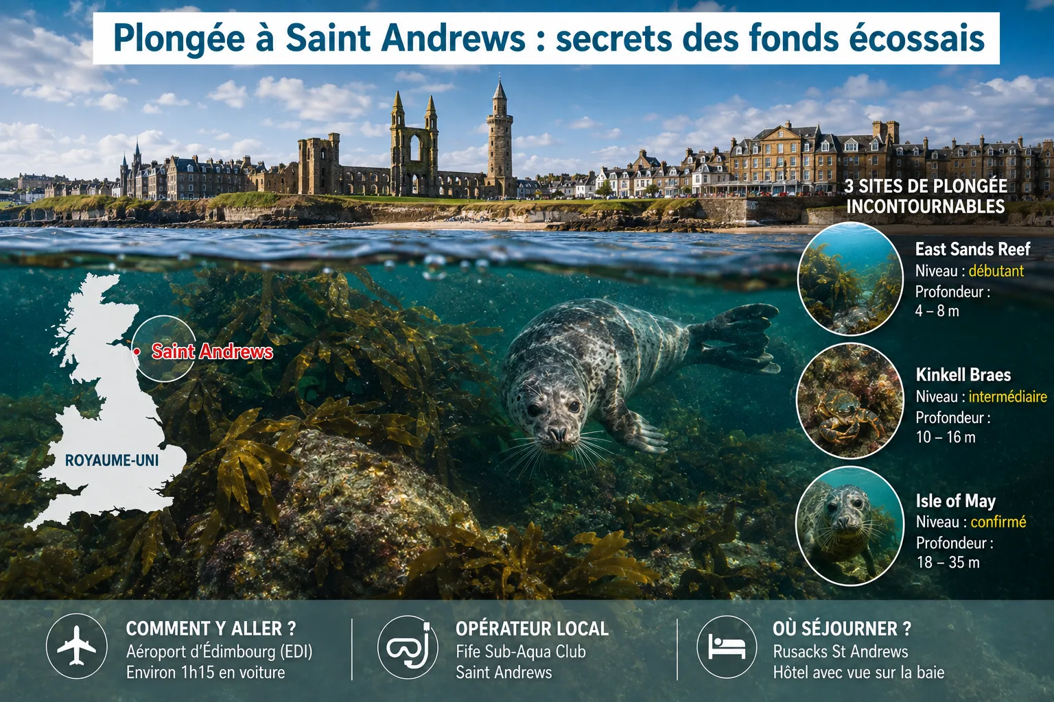 Infographie photoréaliste de la plongée à Saint Andrews en Écosse avec la côte historique, les fonds marins de la mer du Nord, un phoque gris, East Sands Reef, Kinkell Braes et Isle of May, ainsi que les informations pratiques pour organiser un séjour plo