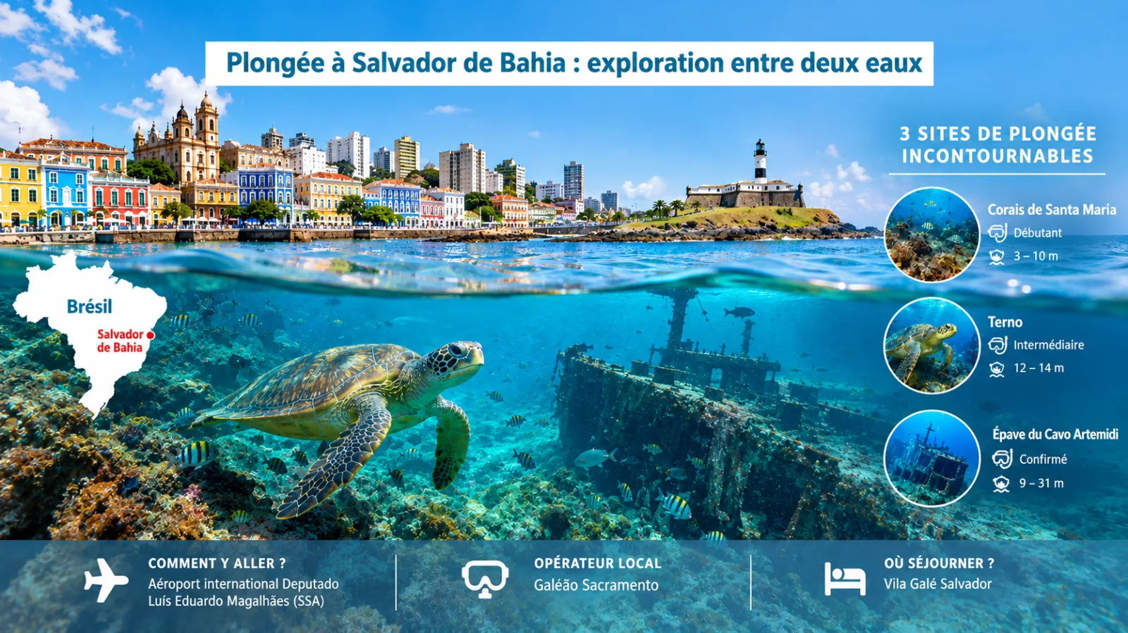 Infographie plongée à Salvador de Bahia au Brésil avec la baie, récifs coralliens, tortue marine et épave du Cavo Artemidi