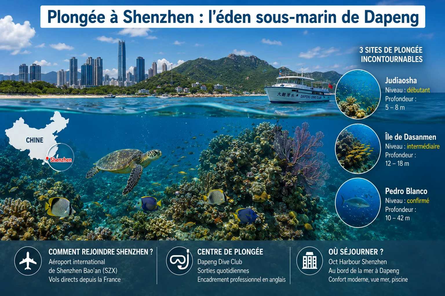 Infographie photoréaliste sur la plongée à Shenzhen dans la péninsule de Dapeng, avec récifs coralliens, tortue et faune marine, carte de la Chine localisant Shenzhen et présentation des sites Judiaosha, île de Dasanmen et Pedro Blanco.