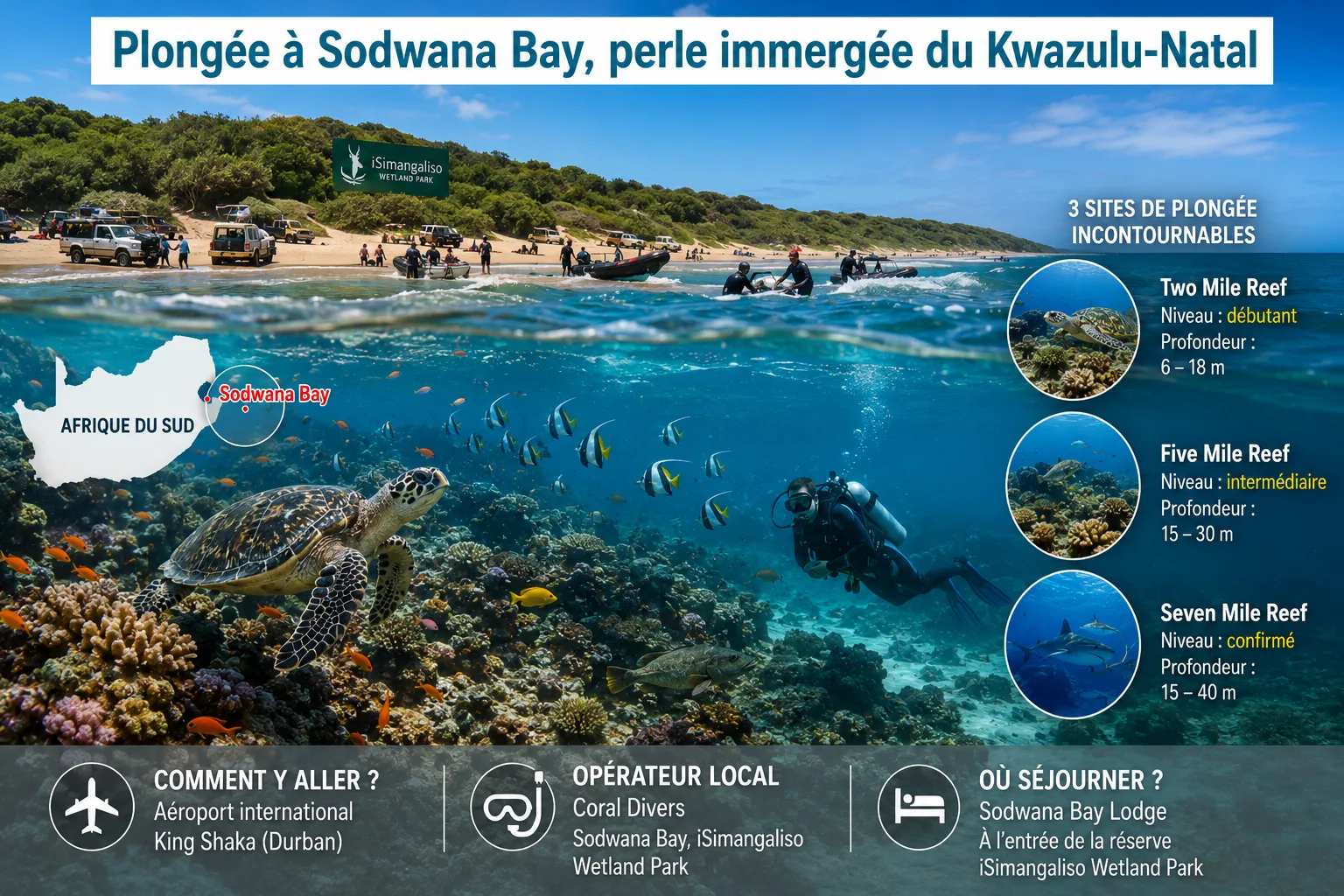 Infographie photoréaliste sur la plongée à Sodwana Bay en Afrique du Sud, avec récif corallien, tortue marine, plongeur, carte localisant Sodwana Bay et présentation des sites Two Mile Reef, Five Mile Reef et Seven Mile Reef