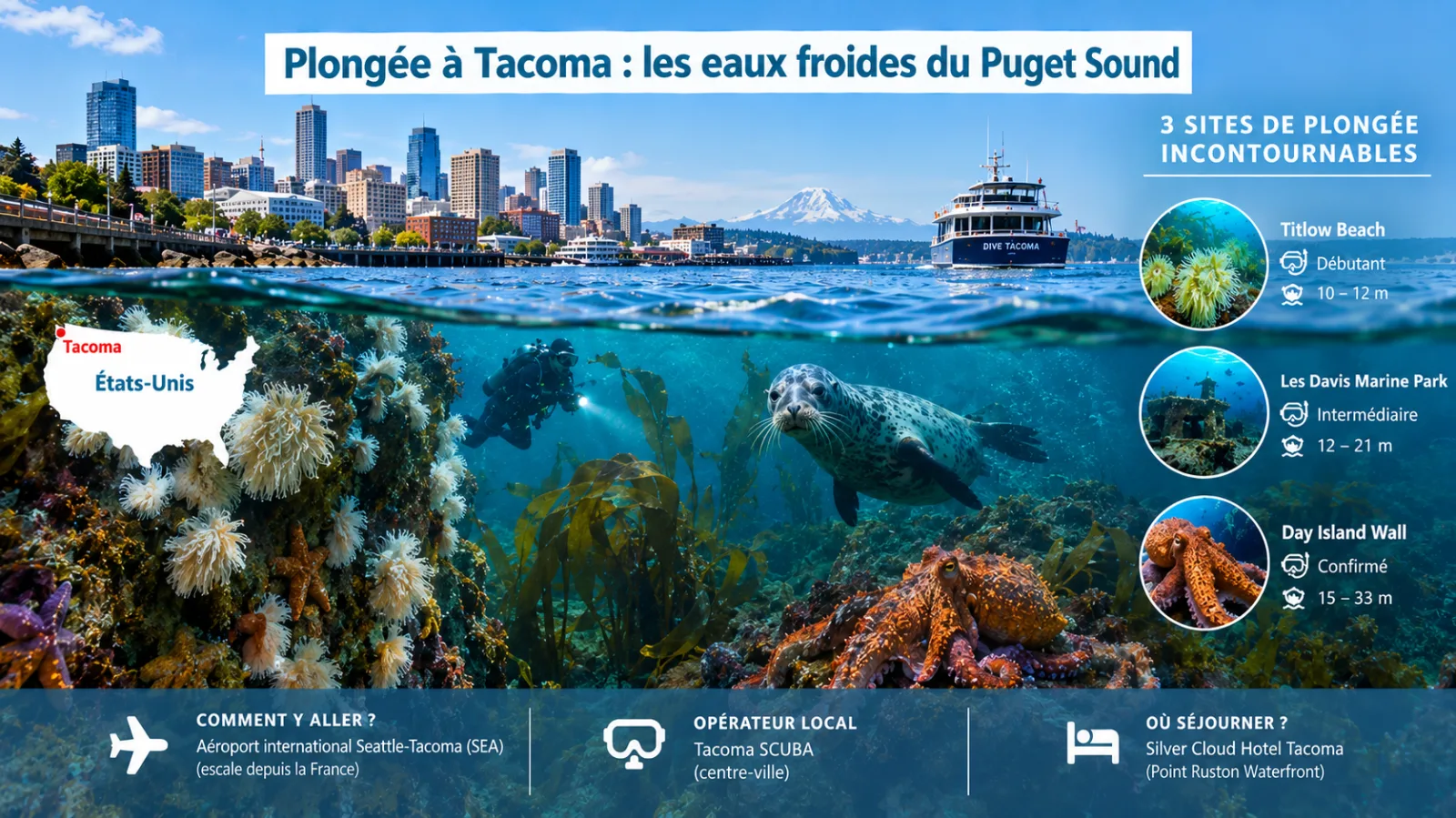 Infographie de la plongée à Tacoma dans le Puget Sound avec anémones plumose, phoque, pieuvre géante du Pacifique et trois sites de plongée