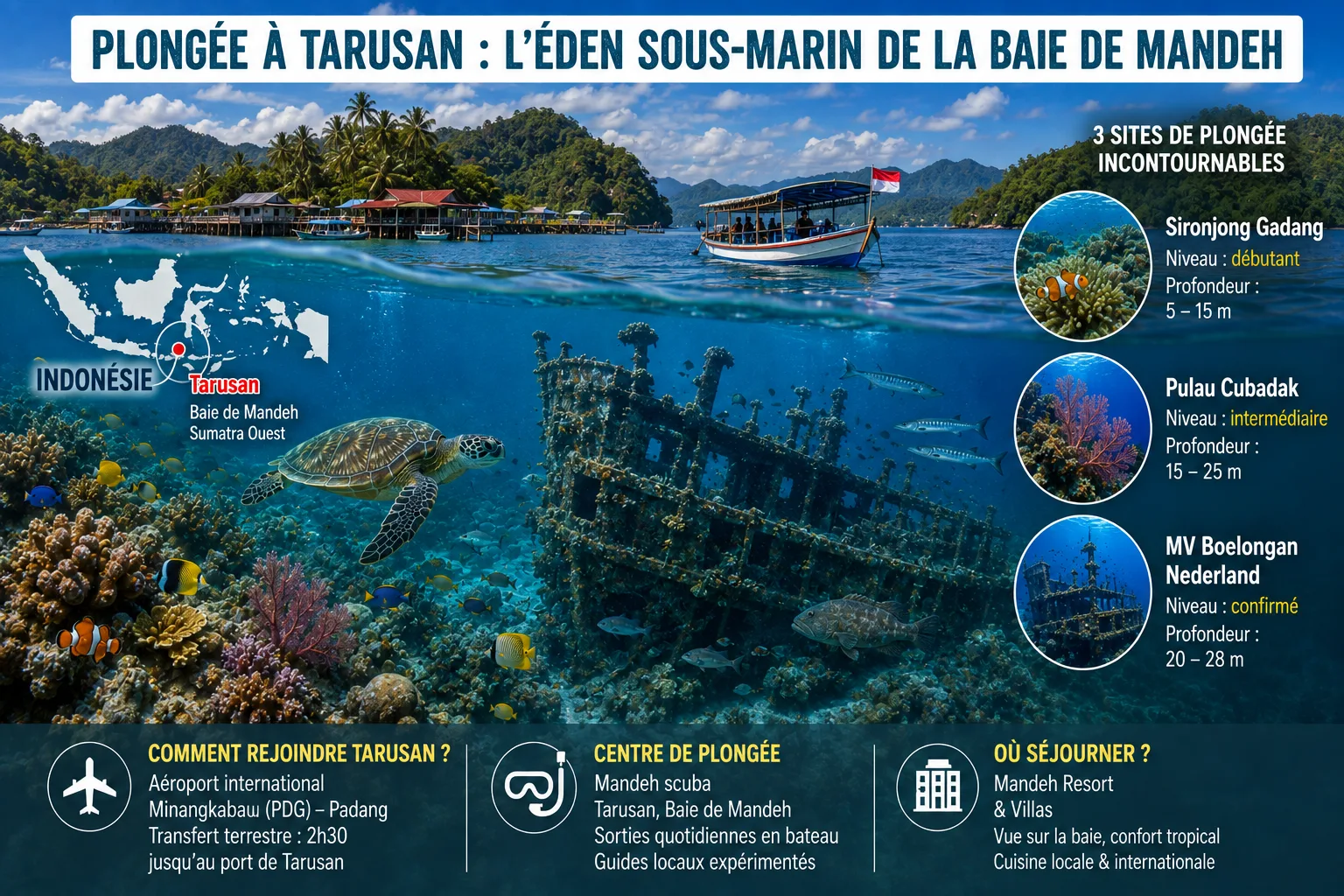 Infographie photoréaliste sur la plongée à Tarusan dans la baie de Mandeh à Sumatra, avec récifs coralliens, tortue marine et épave du MV Boelongan Nederland, carte de l'Indonésie localisant Tarusan et présentation des sites Sironjong Gadang, Pulau Cubada