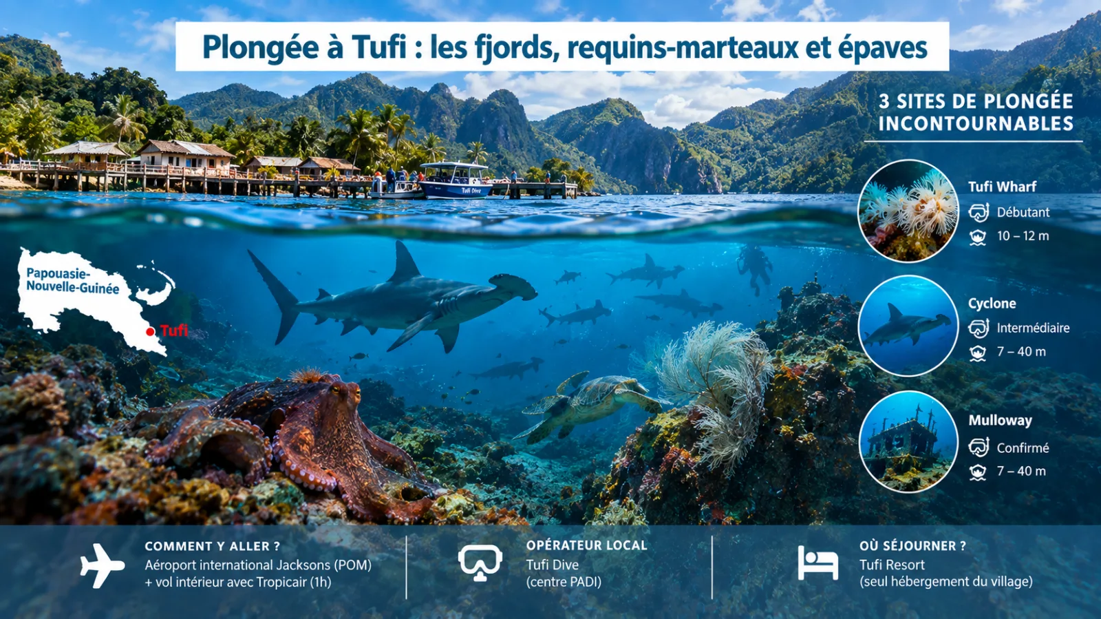 Infographie de la plongée à Tufi en Papouasie-Nouvelle-Guinée avec fjords, requins-marteaux, récifs et épaves