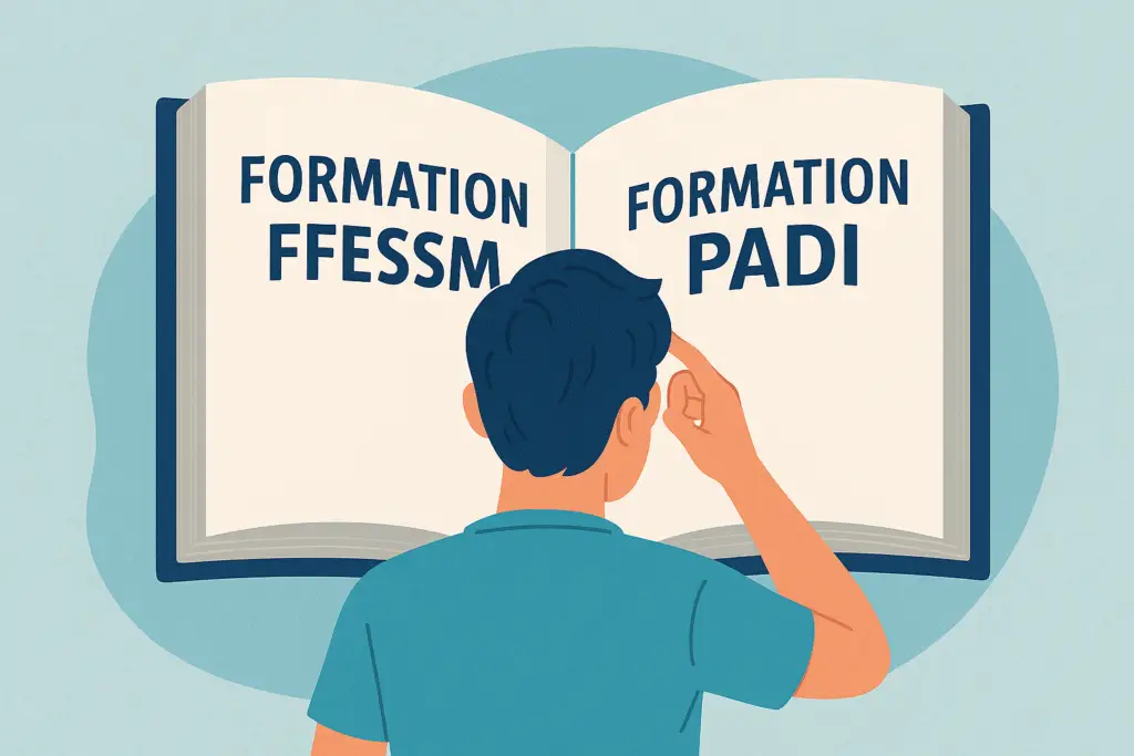 Personne réfléchissant entre la formation plongée FFESSM et la formation plongée PADI