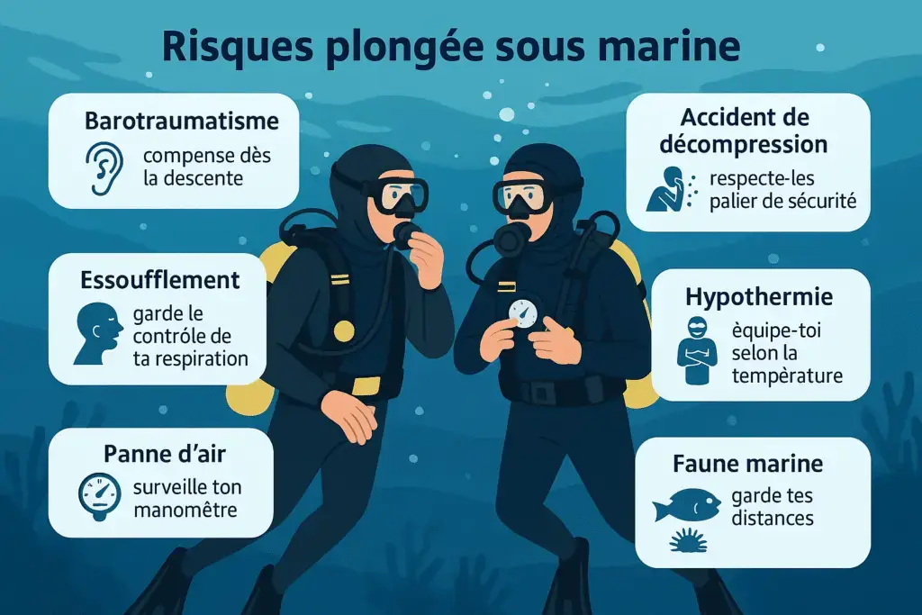 Deux plongeurs sous l’eau vérifient leur matériel pour éviter les risques de plongée sous marine
