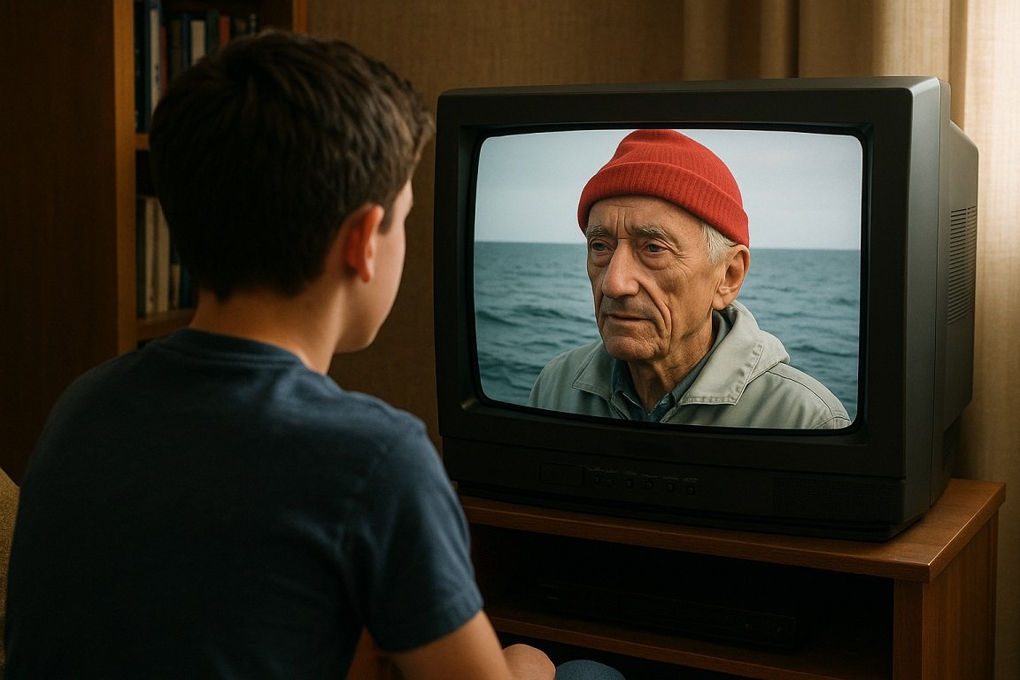 Un adolescent regarde Jacques-Yves Cousteau avec son bonnet rouge à la télévision, inspiré par les plongeurs célèbres