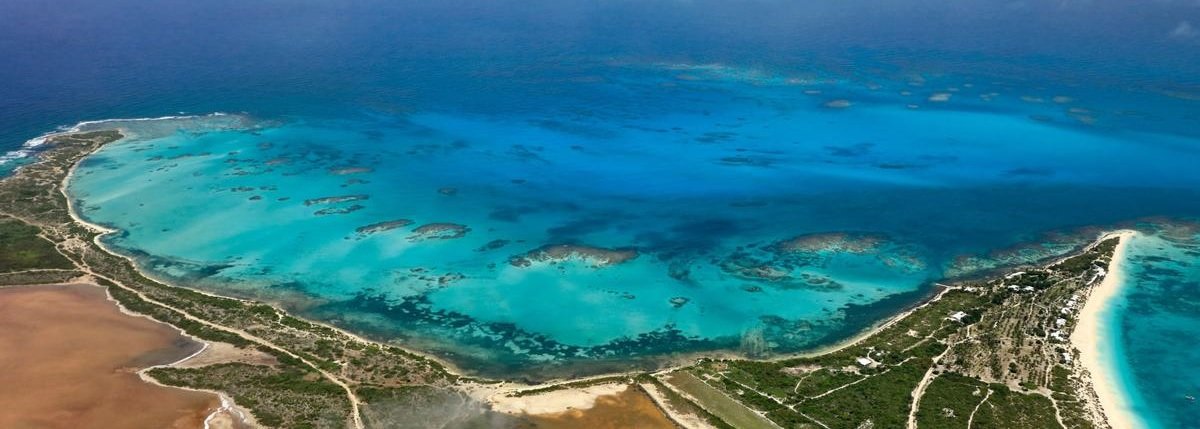Vue aérienne des récifs coralliens au large de Codrington à Barbuda