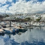 Port de plaisance de Puerto del Carmen avec les bateaux et les maisons blanches sur la colline