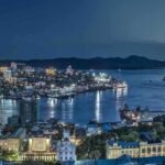 Vue panoramique nocturne de la baie de Vladivostok avec le pont Russky et le port éclairés