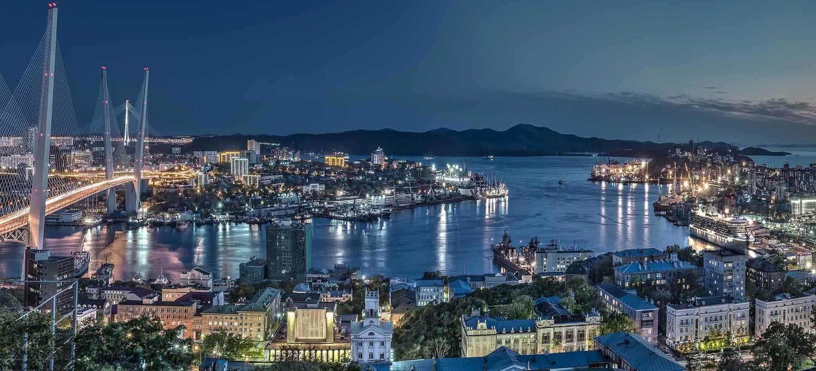 Vue panoramique nocturne de la baie de Vladivostok avec le pont Russky et le port éclairés