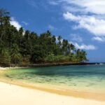 Plage tropicale à São Tomé avec sable clair, palmiers et eau turquoise sous un ciel bleu