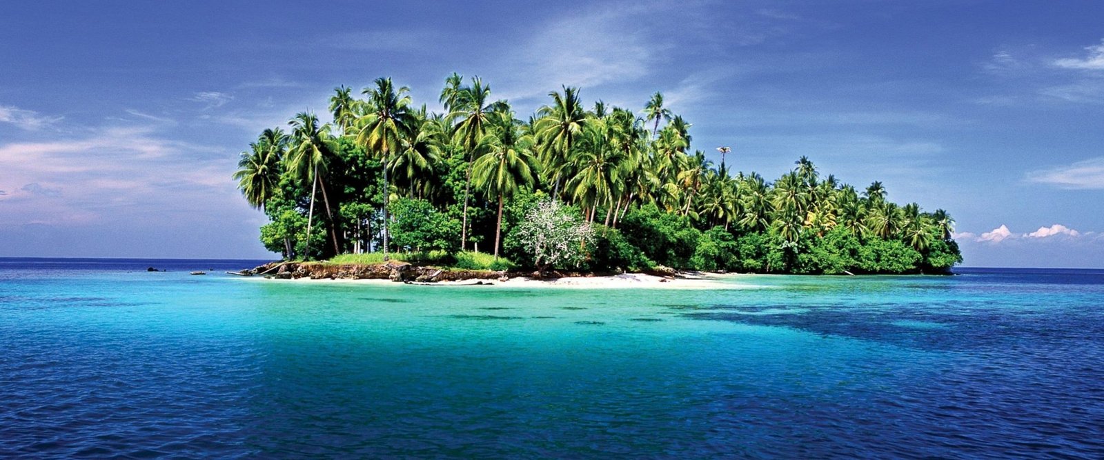 Lagon tropical et îlot couvert de palmiers à Madang en Papouasie-Nouvelle-Guinée, zone emblématique de plongée