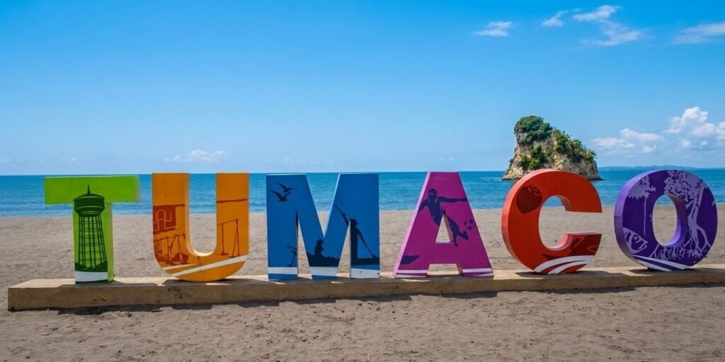 Lettres colorées Tumaco sur la plage avec océan Pacifique et ciel bleu à San Andrés de Tumaco en Colombie