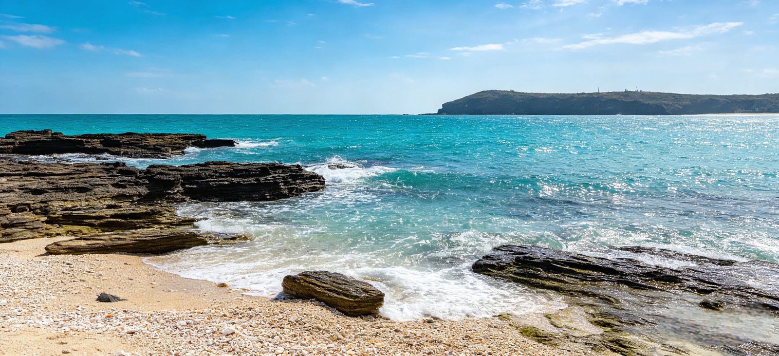 Plage rocheuse de l’île de Weizhou avec eau turquoise et falaises volcaniques en mer de Chine méridionale