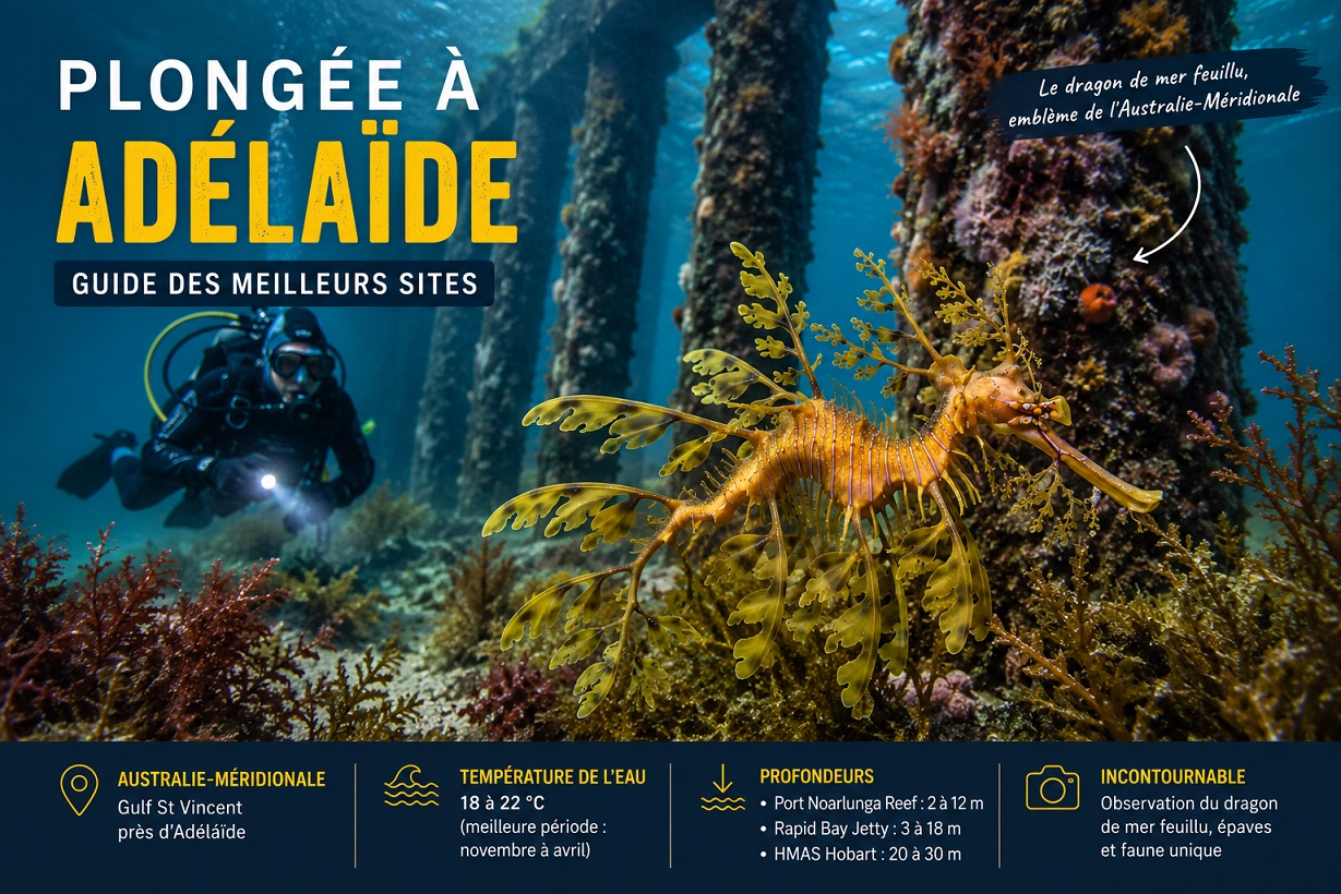 Plongeur observant un dragon de mer feuillu sous la jetée de Rapid Bay près d'Adélaïde en Australie-Méridionale