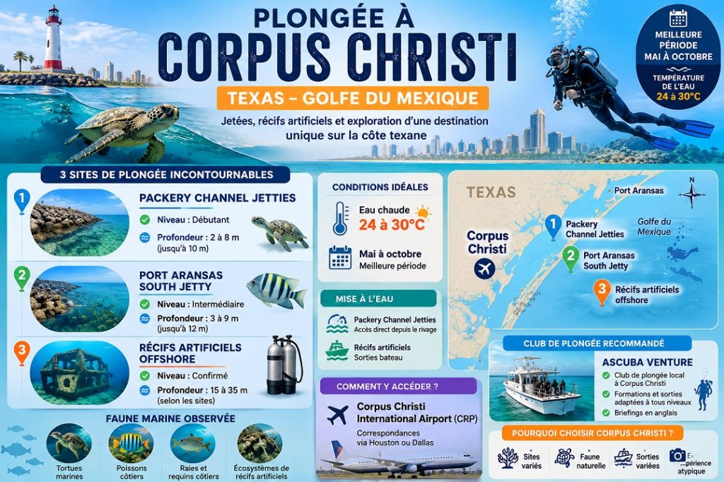Infographie sur la plongée à Corpus Christi au Texas présentant les sites de plongée, profondeurs, niveaux, température de l'eau, meilleure période et accès depuis la France.