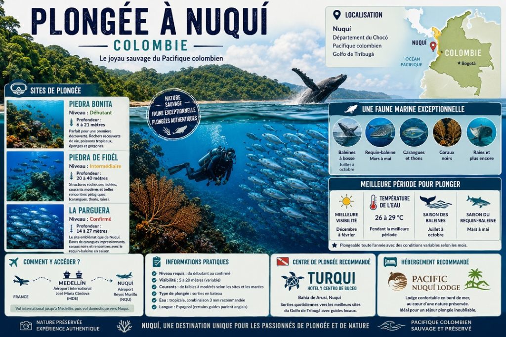 Guide complet de plongée à Nuquí en Colombie avec les sites Piedra Bonita, Piedra de Fidel et La Parguera, profondeurs, faune marine, saison des baleines à bosse, requin-baleine et informations pratiques