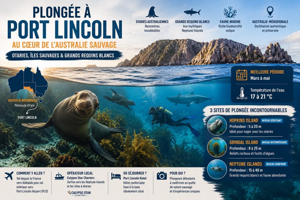 Plongée à Port Lincoln présentant Hopkins Island, Grindal Island, Neptune Islands, les profondeurs, la meilleure période de plongée et les otaries australiennes