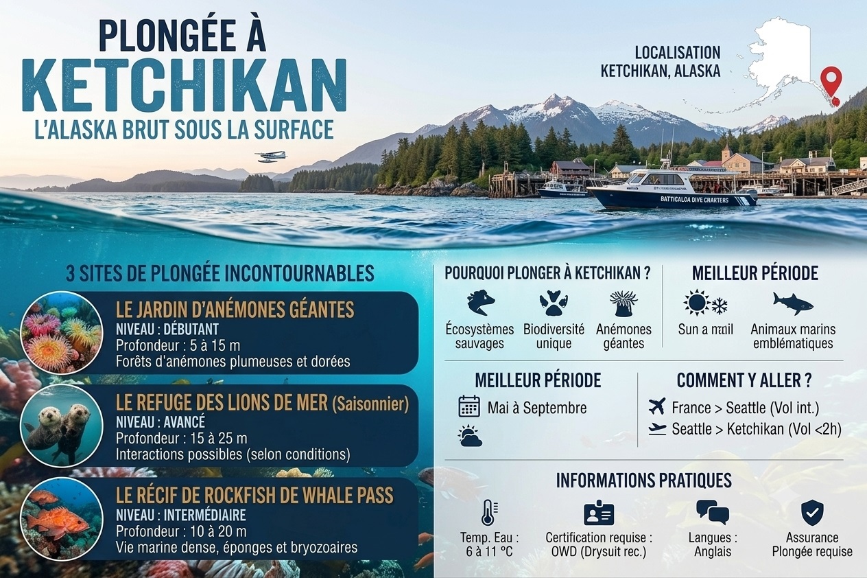 Infographie complète sur la plongée à Ketchikan, Alaska. Comprend un titre principal, un sous-titre, une carte de localisation, et trois sections principales : '3 sites de plongée incontournables' (Le Jardin d'anémones géantes, Le Refuge des lions de mer, Le Récif de Rockfish), 'Pourquoi plonger à Ketchikan?', 'Meilleur période', 'Comment y aller?', et 'Informations pratiques' avec icônes. Illustrée par une scène de côte et de forêt d'Alaska et des vues sous-marines.